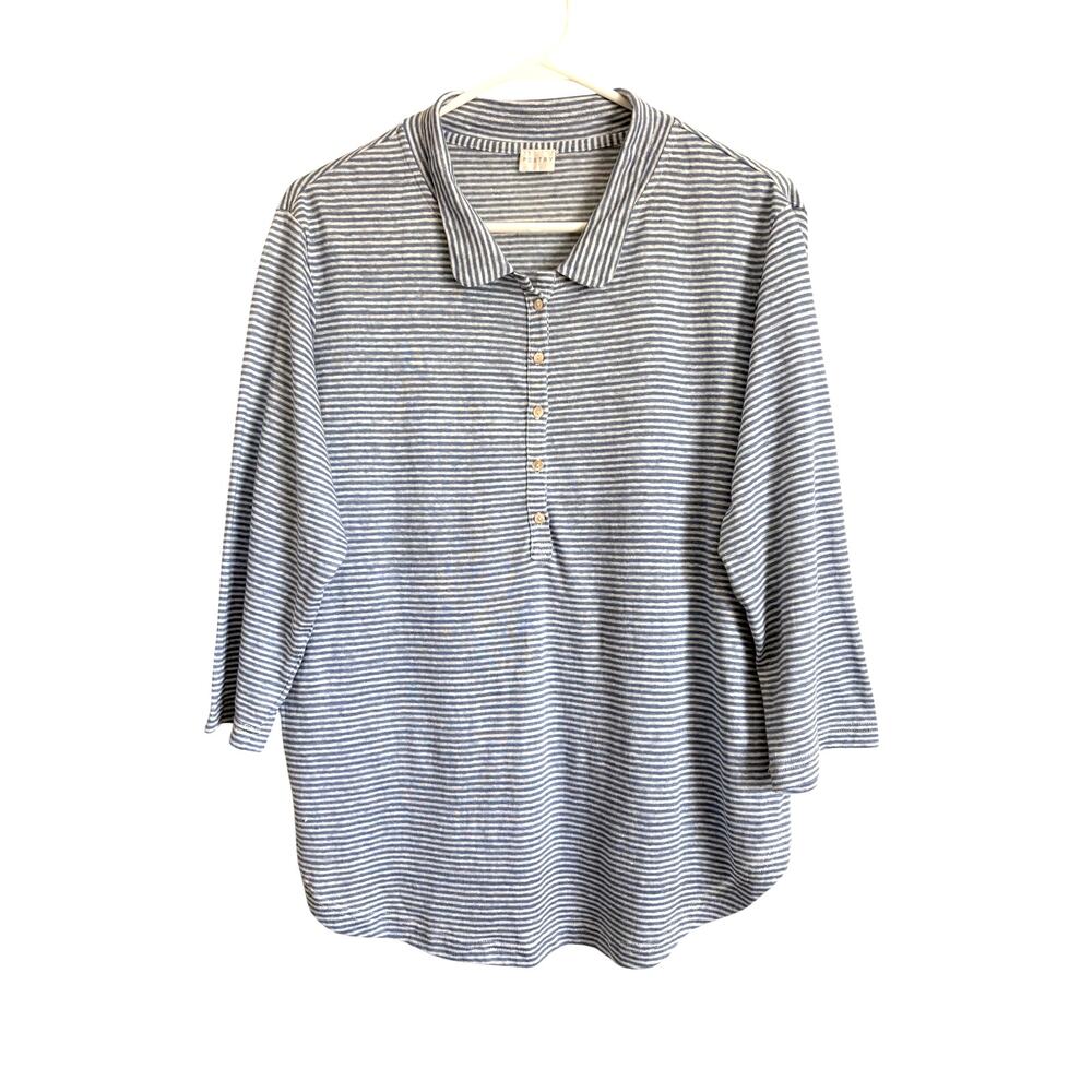 Poetry 100% Linen Top Blue Stripes Buttons Collared 3/4 Sleeves Size 12 Coastal